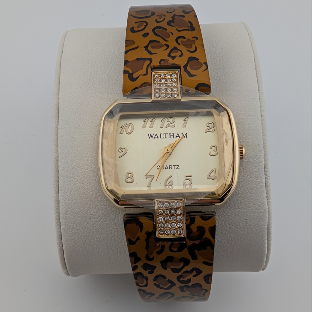 Waltham Leopard Print Cuff Watch Gold Tone Rhinestone Bangle NIB WA318L Vintage